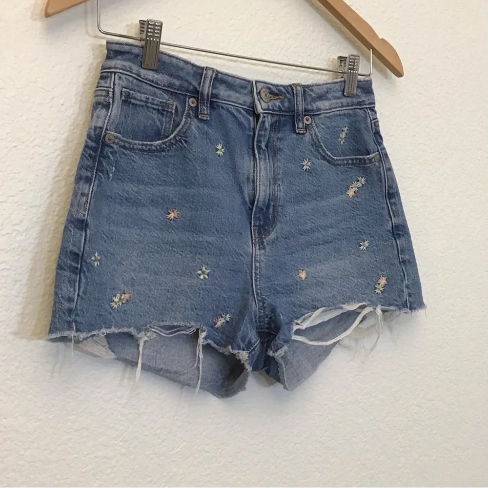 American Eagle 2 Mom Denim Shorts Women’s Tiny Floral Embroidered High Rise